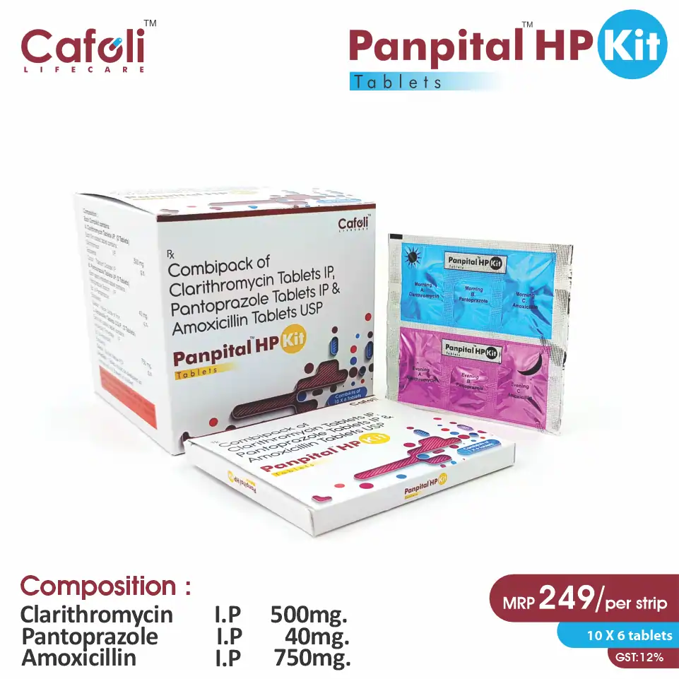 Amoxycillin (750mg) + Pantoprazole (40mg) + Clarithromycin (500mg) Panpital HP Kit at best price in PCD Pharma Franchise for Gastrointestinal Infections.